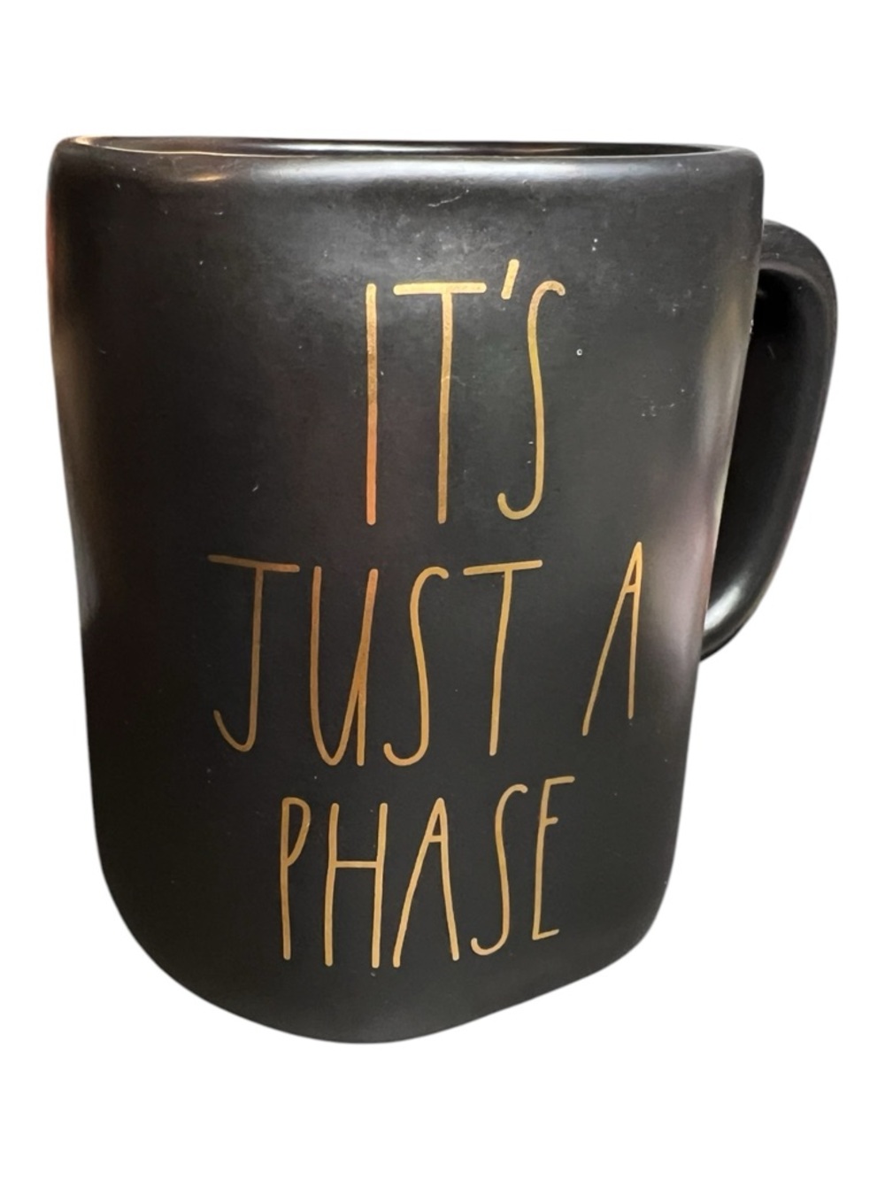 Rae Dunn Black Ceramic Mug with Gold Lettering - "It's Just a Phase"